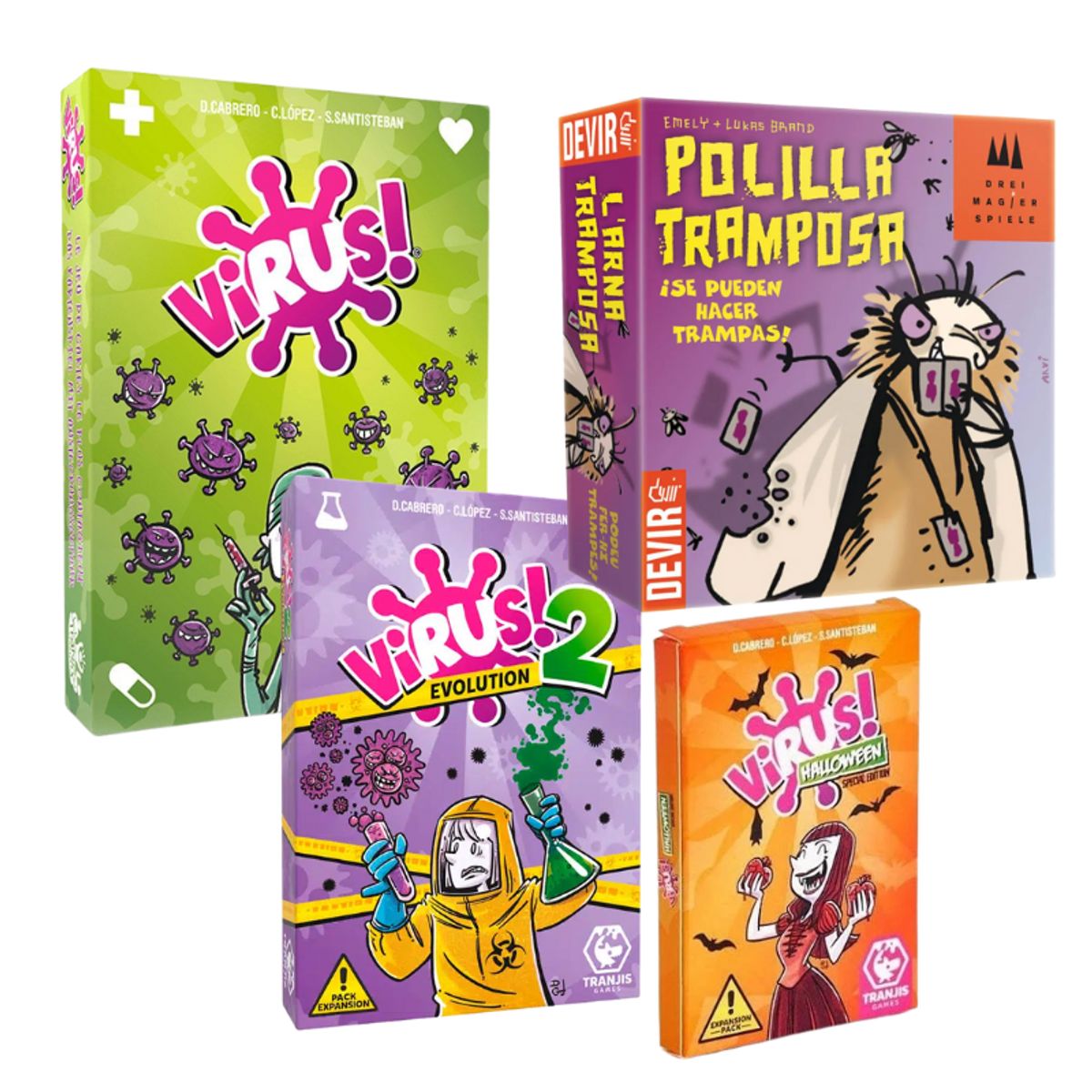 TRANJIS GAMES - PACK JUEGOS DE MESA VIRUS 1+2+HALOWEEN+LA POLILLA