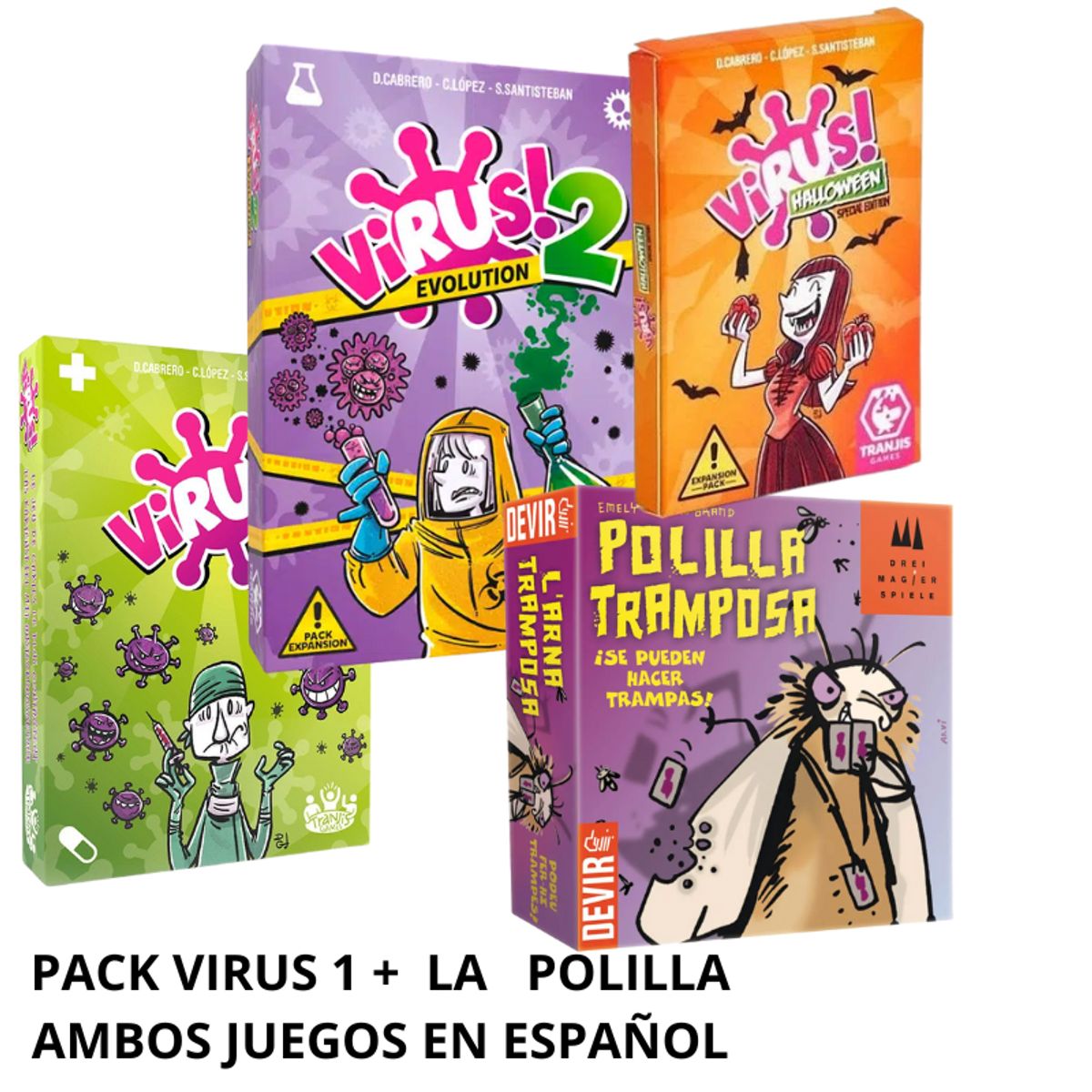 TRANJIS GAMES - PACK JUEGOS DE MESA VIRUS 1+2+HALOWEEN+LA POLILLA
