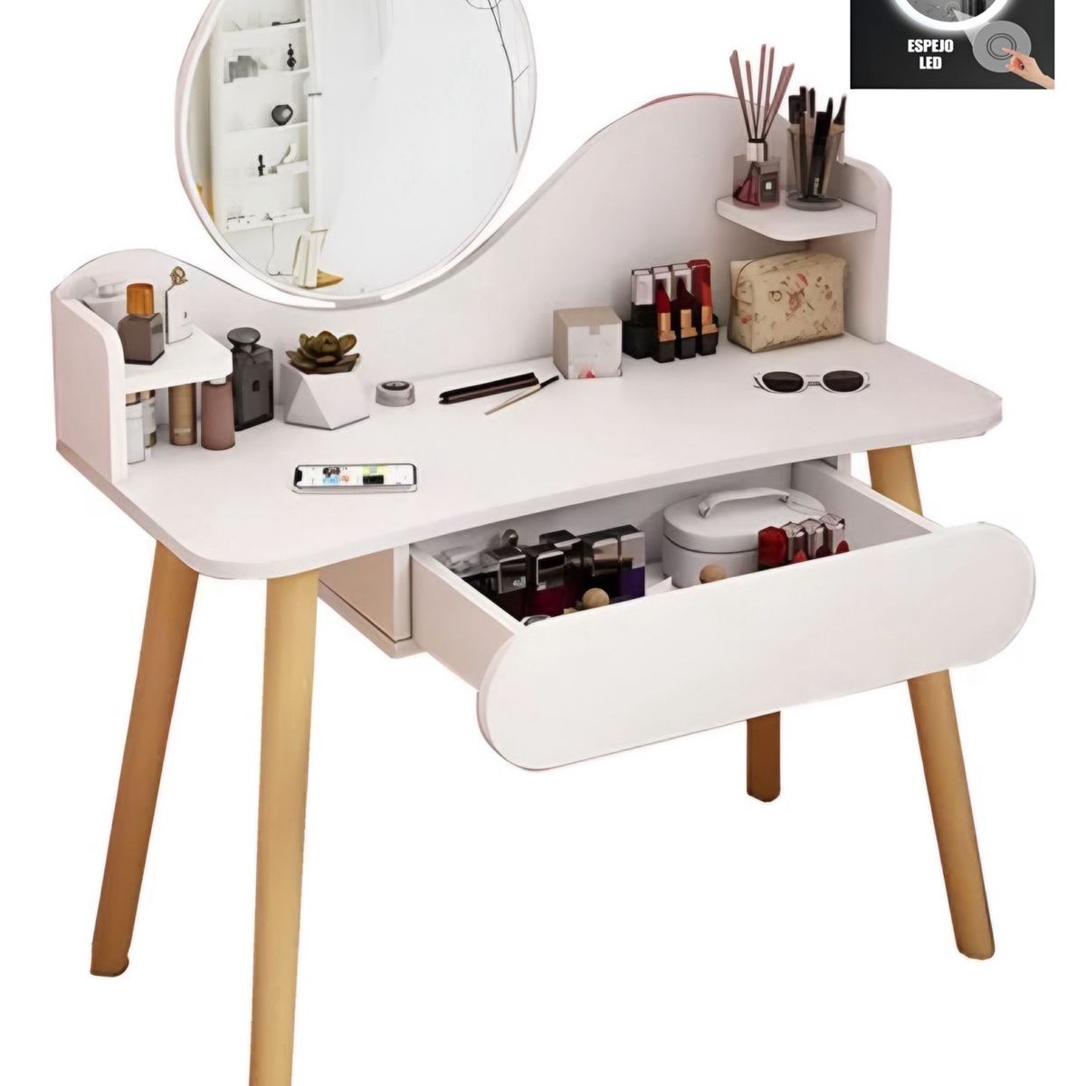 ACTUAL - Tocador Blanco Con Espejo Led Cajón y Repisas 80x40x122