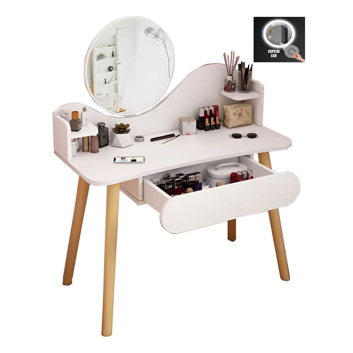 ACTUAL - Tocador Blanco Con Espejo Led Cajón y Repisas 80x40x122