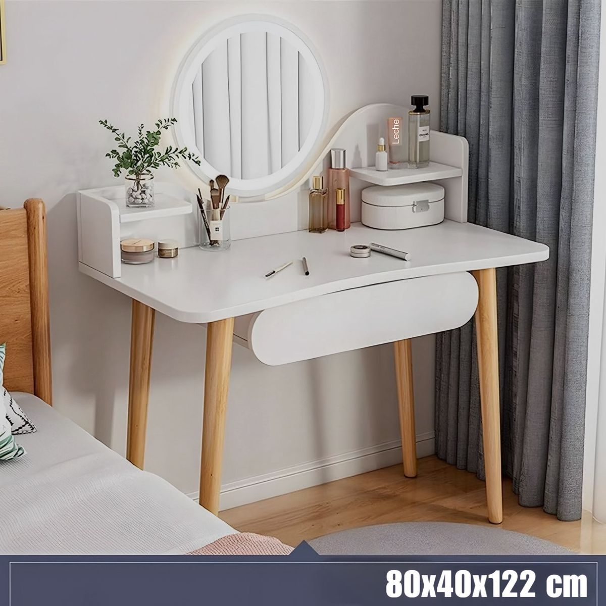 ACTUAL - Tocador Blanco Con Espejo Led Cajón y Repisas 80x40x122