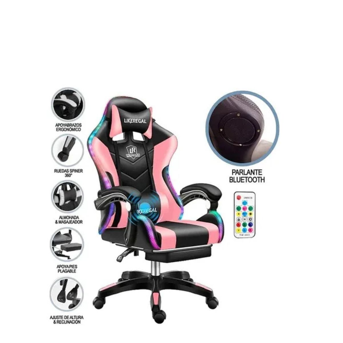 GENERICO - Silla Gamer Super Con Luz Rgb Parlante Reposapiés Y Masajeador Reclinable Color Rosa SKU CF