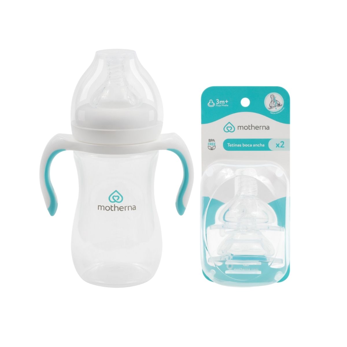 MOTHERNA - Pack Mamadera boca ancha con asas + Tetinas +3m Motherna