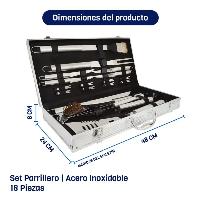 MOVI - MALETA DE LUJO CON SET PARRILLERO DE 18 PIEZAS ACERO INOX,