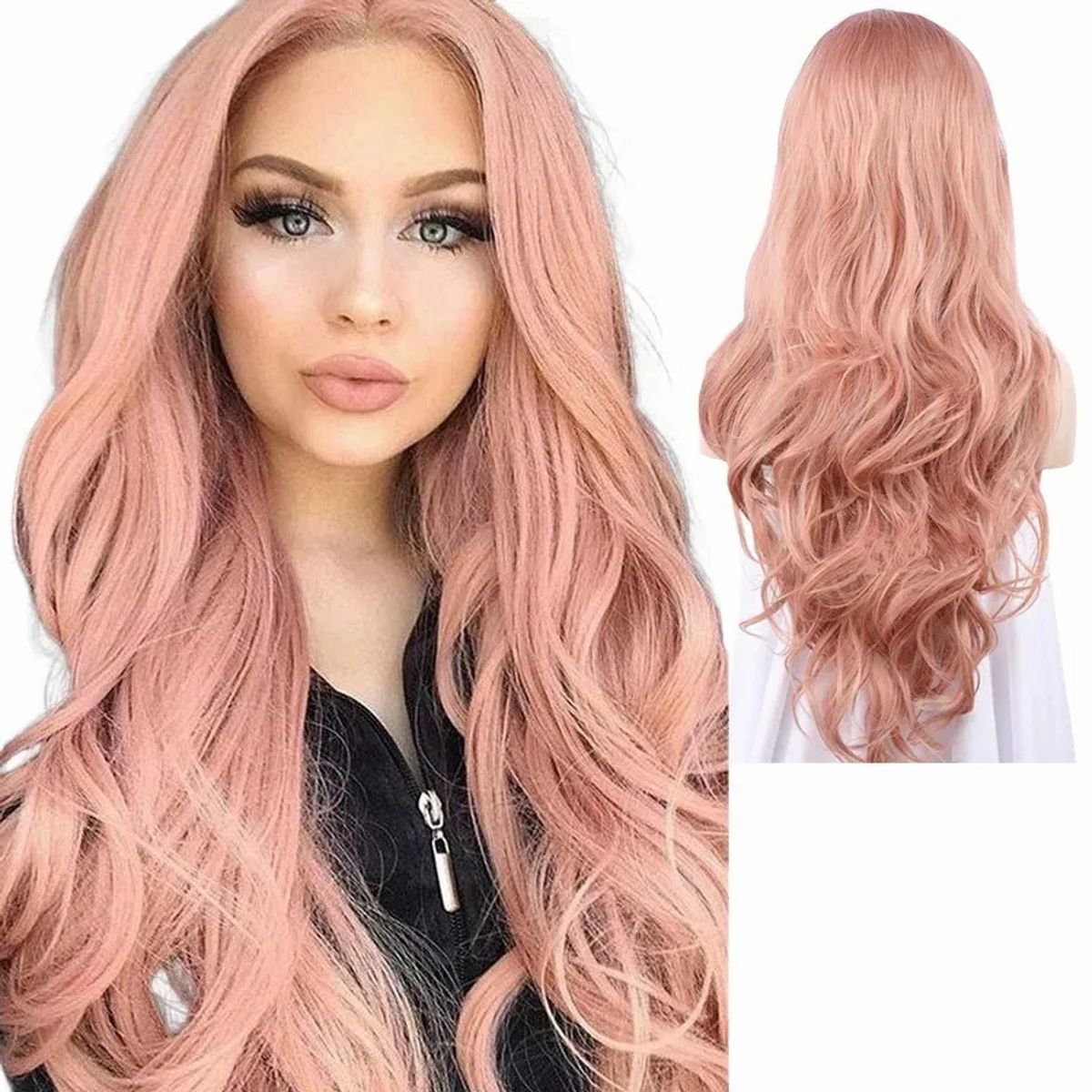 KUANGYE - Peluca Rosa Cabello Flequillo Largo Ondulado+red De Peluca