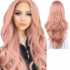 KUANGYE - Peluca Rosa Cabello Flequillo Largo Ondulado+red De Peluca