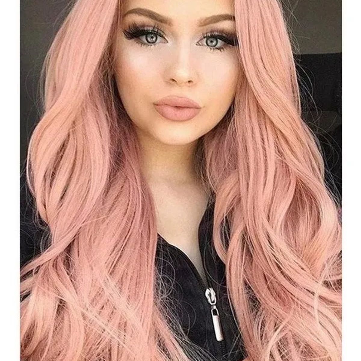 KUANGYE - Peluca Rosa Cabello Flequillo Largo Ondulado+red De Peluca