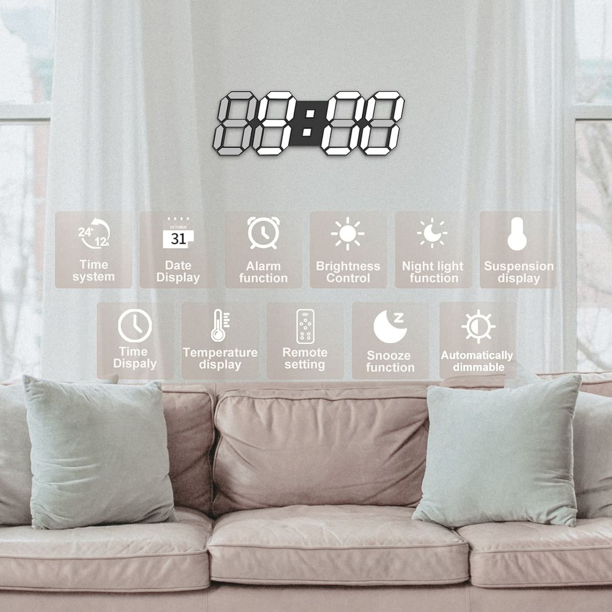 WELDMON - Alarma Digital LED 3D Reloj de Pared Luz Blanca-Blanco Negro