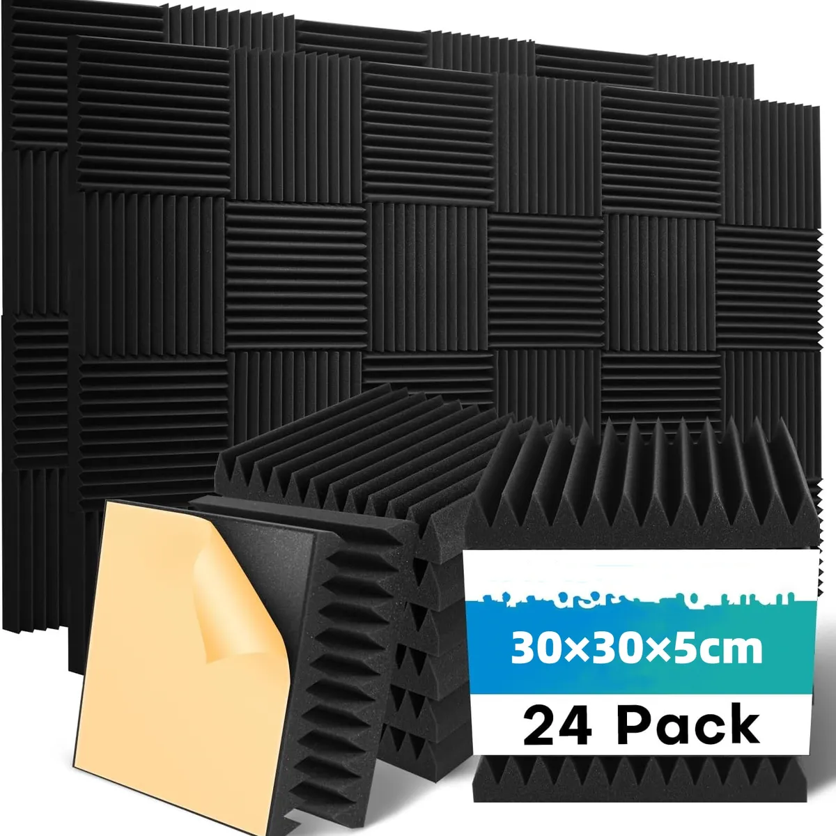 Pack 24 Espuma Alta calidad  Acustica Autoadhesiva Aislante 30×30×5cm, marca KUANGYE - Foto Principal