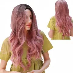 KUANGYE - Peluca Rosa Cabello Flequillo Largo Ondulado+red De Peluca