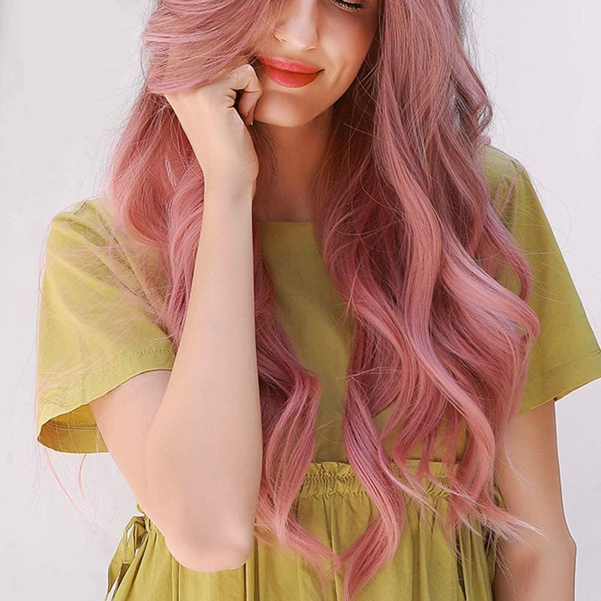 KUANGYE - Peluca Rosa Cabello Flequillo Largo Ondulado+red De Peluca