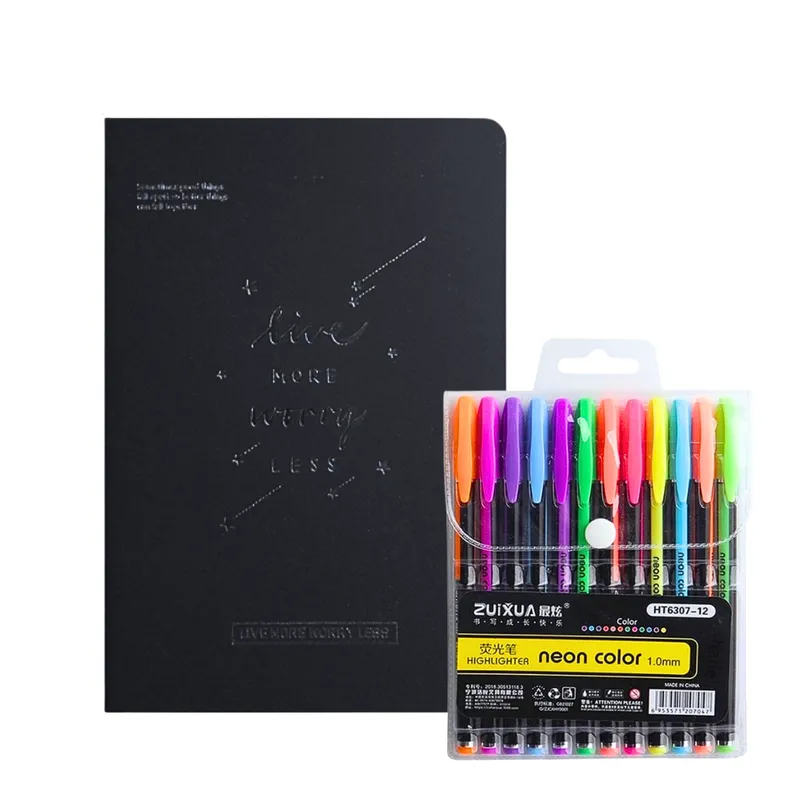 GENERICO - Cuaderno Hojas Negras + 12 Lápices Tinta Gel Neón