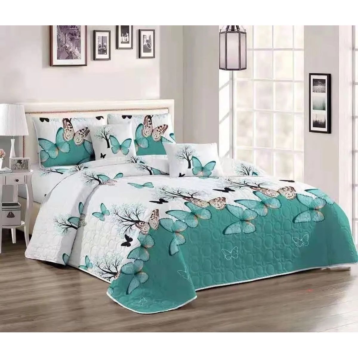 GENERICO - CUBRECAMA KING DE VERANO TURQUESA DISEÑO DE MARIPOSA GSOL