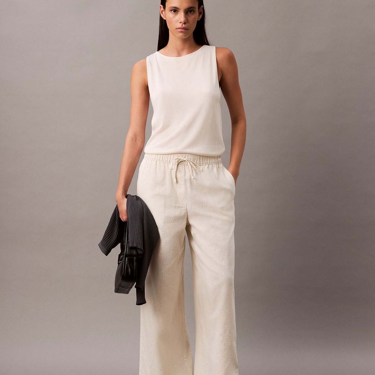 CALVIN KLEIN - Pantalón de Lino con Cintura Elástica Beige Calvin Klein