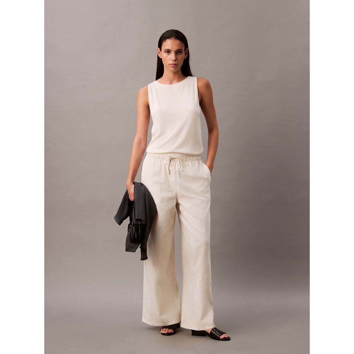 CALVIN KLEIN - Pantalón de Lino con Cintura Elástica Beige Calvin Klein