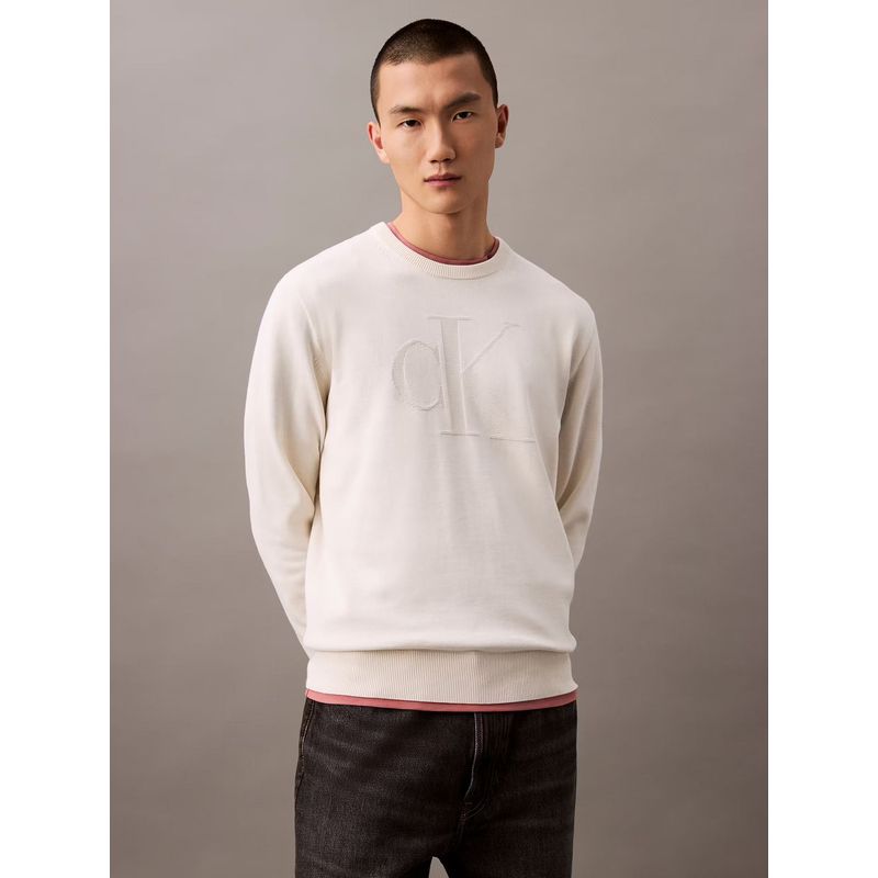 CALVIN KLEIN - Sweater de Algodón con Monograma Tonal Blanco Calvin Klein