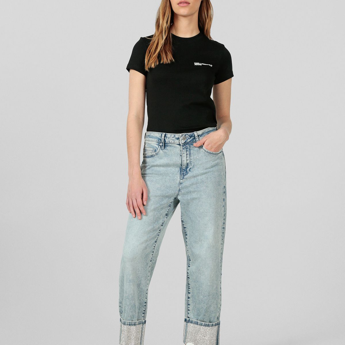 KARL LAGERFELD - Pantalón denim con detalles hotfix