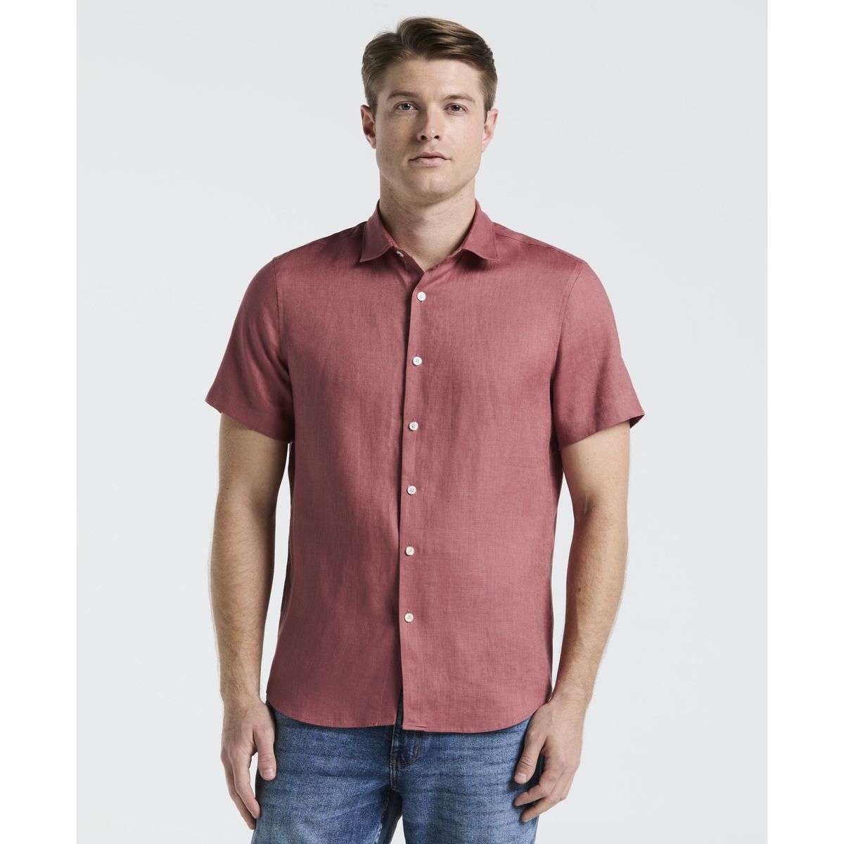 PERRY ELLIS - Camisa Hombre Lino Manga Corta Rouge