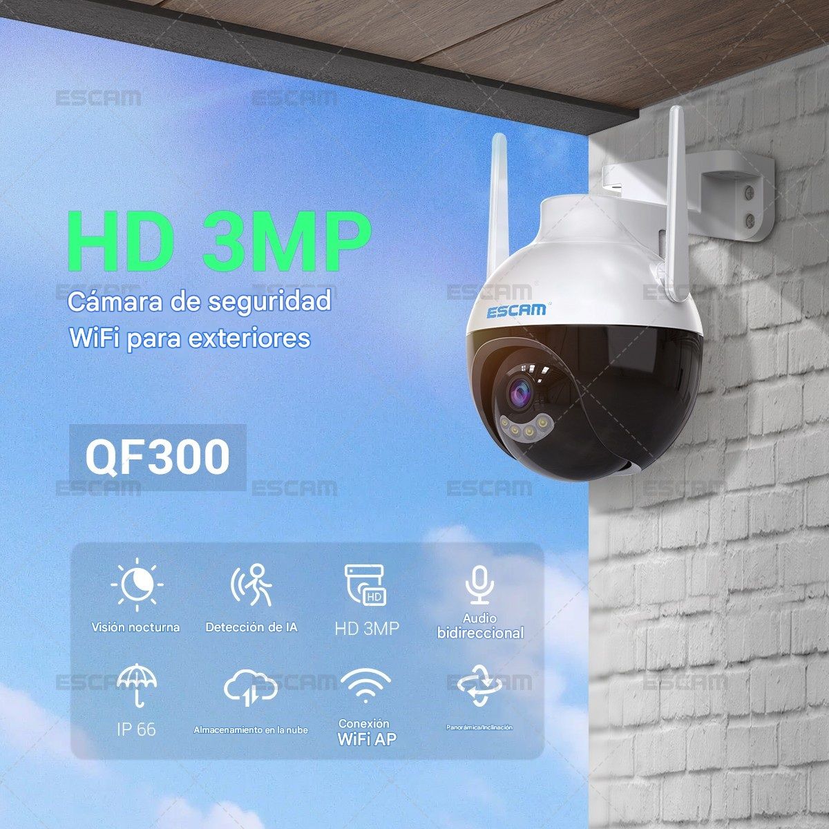 ESCAM - Cámara de Seguridad WiFi 2MP IP65 Detección Humana Audio ESCAM QF202 70