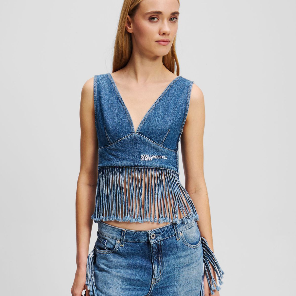 KARL LAGERFELD - Top denim con flecos