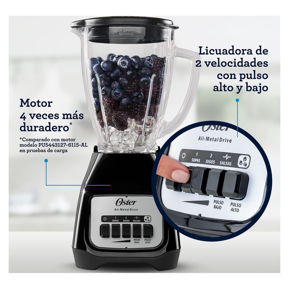 OSTER - Licuadora Oster 2 Velocidades + pulso, vaso de vidrio 1.5 Lt, 800 W, Negro BLSTKAG-BP