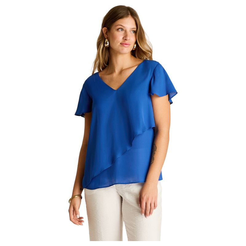 LORENZO DI PONTTI - Blusa Azul Oscuro con Volante Asimétrico