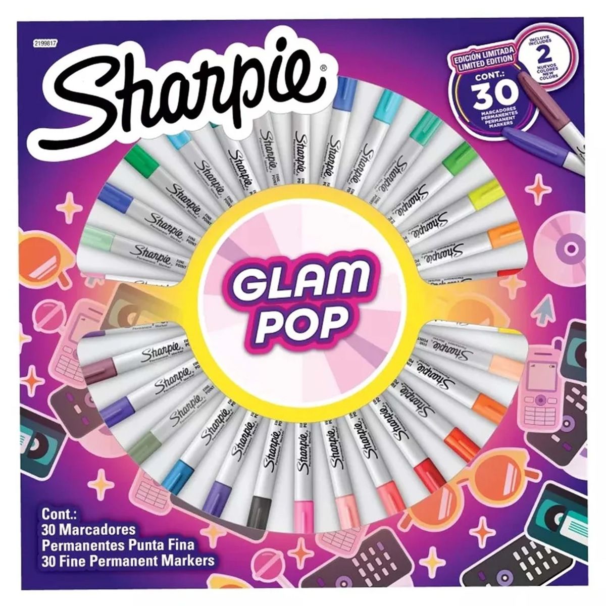 SHARPIE - Set 30 Marcadores Sharpie Punta Fina Glam Pop Ruleta Colores