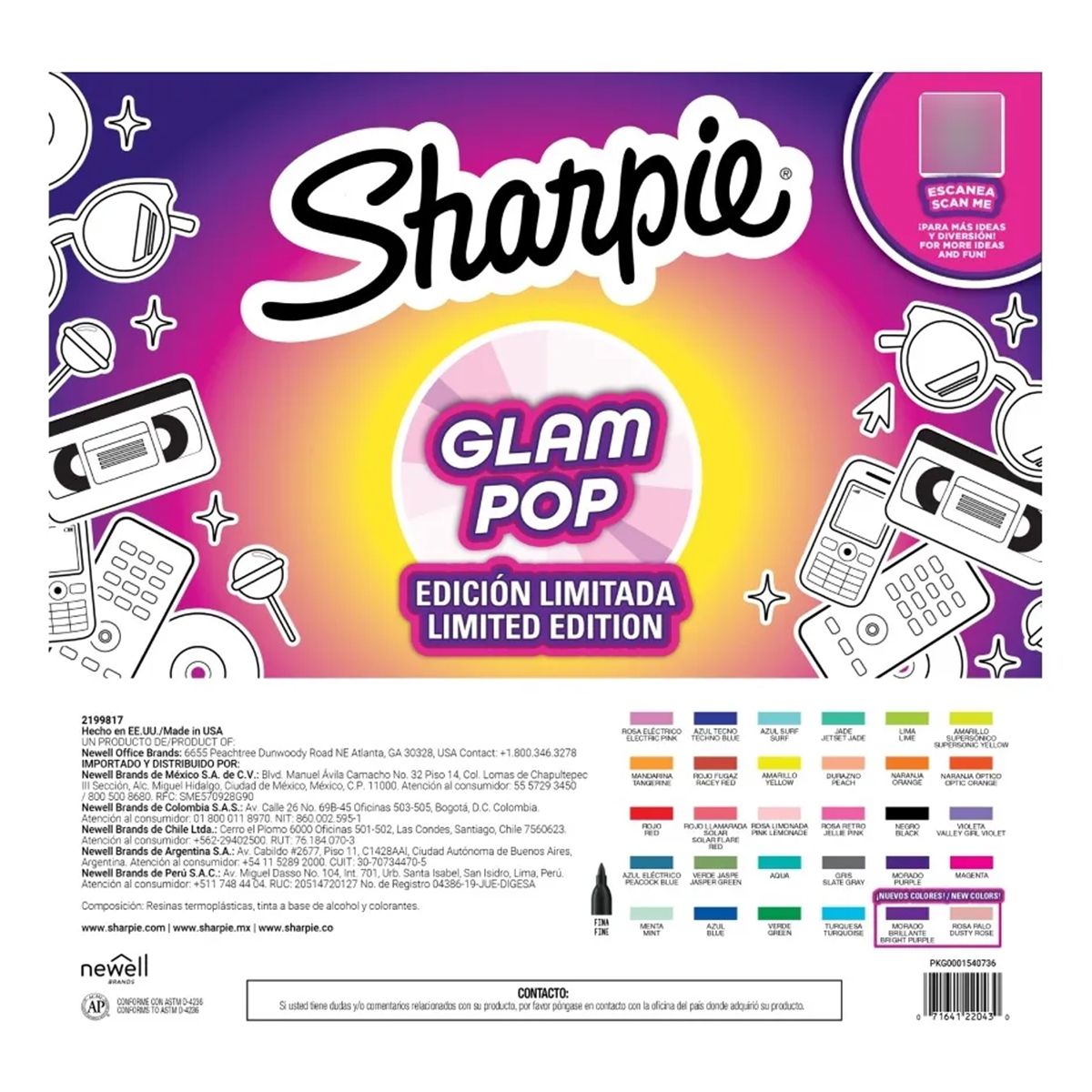 SHARPIE - Set 30 Marcadores Sharpie Punta Fina Glam Pop Ruleta Colores