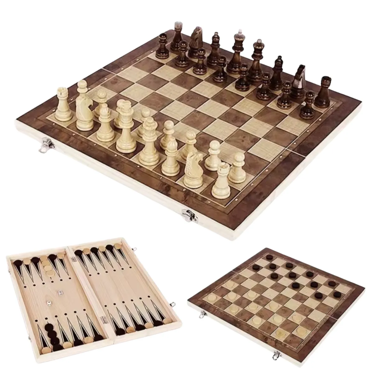 GENERICO - Ajedrez 3 En 1 Madera 48x48 Cm Con Damas Y Backgammon GRANDE