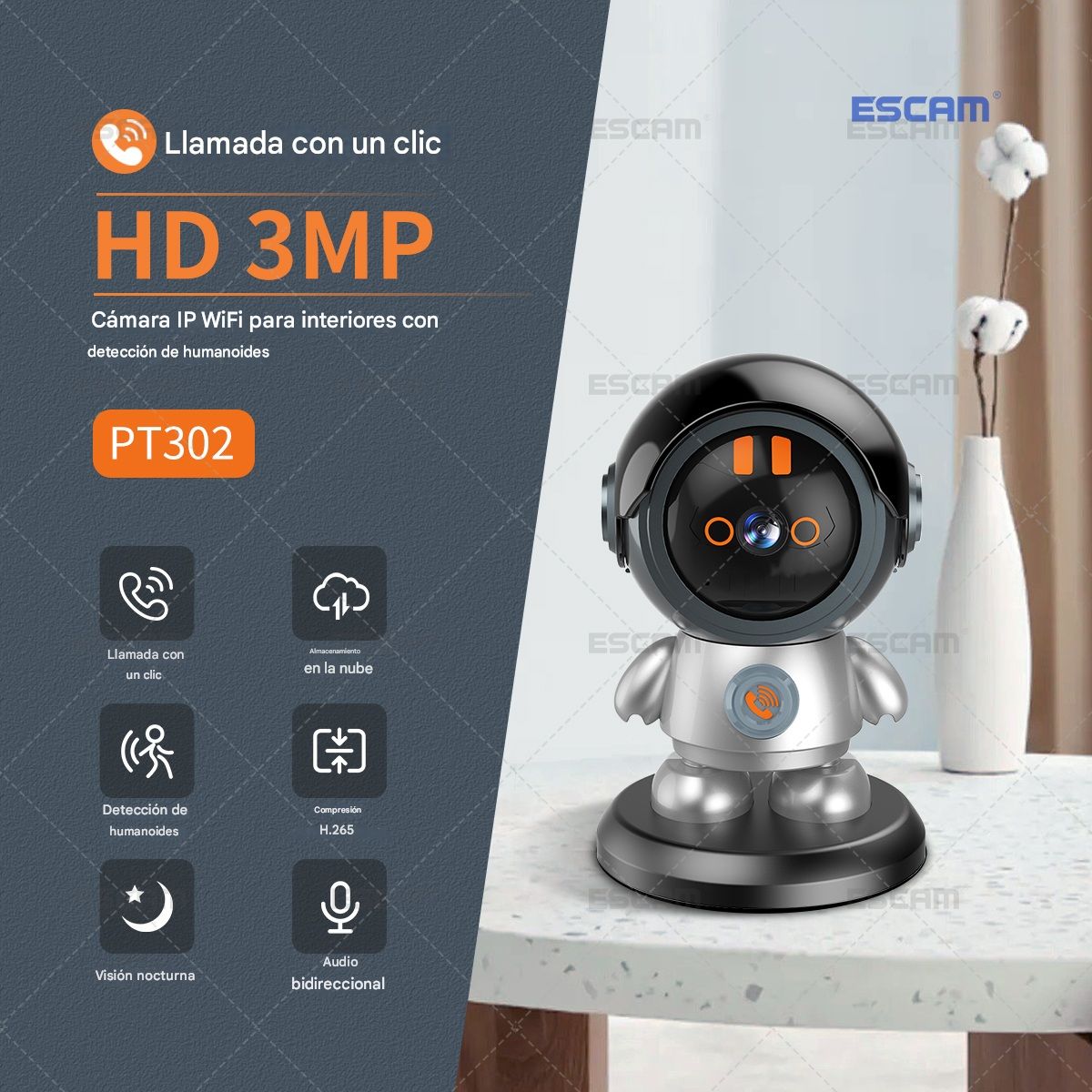 ESCAM - ESCAM PT302 Cámara IP WiFi PTZ Robótica 3MP 1296p IA Visión Nocturna