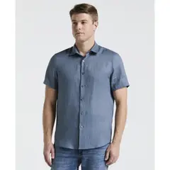 PERRY ELLIS - Camisa Hombre Lino Manga Corta Azul