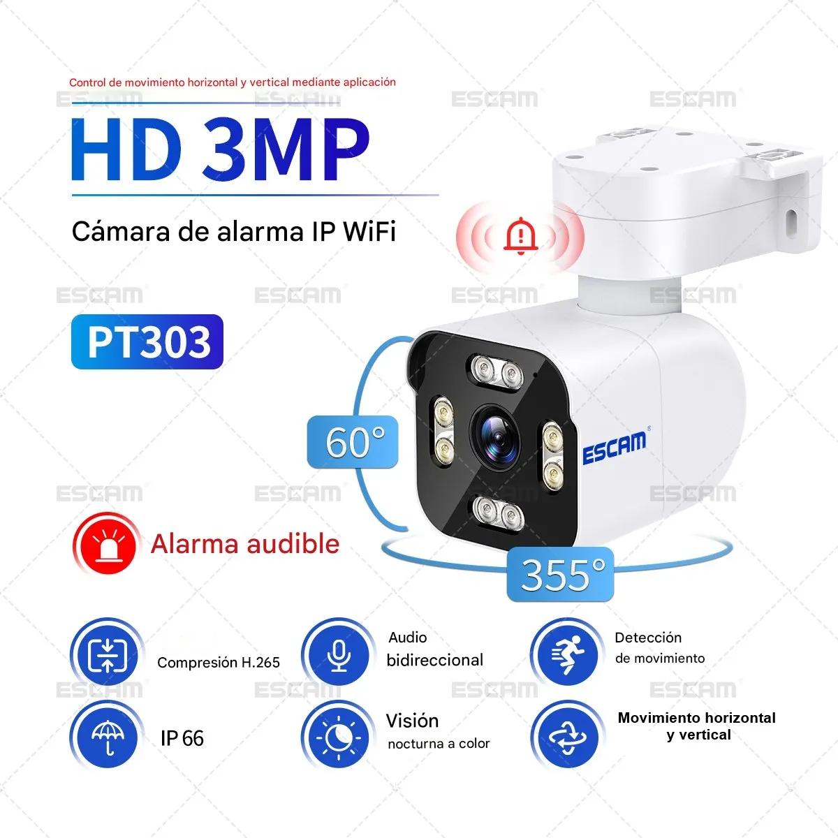 ESCAM - Cámara IP PTZ Exterior ESCAM PT303 3MP Full HD Giro IA Visión Nocturna