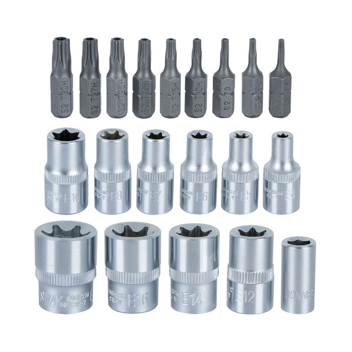 JONNESWAY - Juego de Dados y Puntas Torx  de 1/4 y 3/8 - 32 piezas