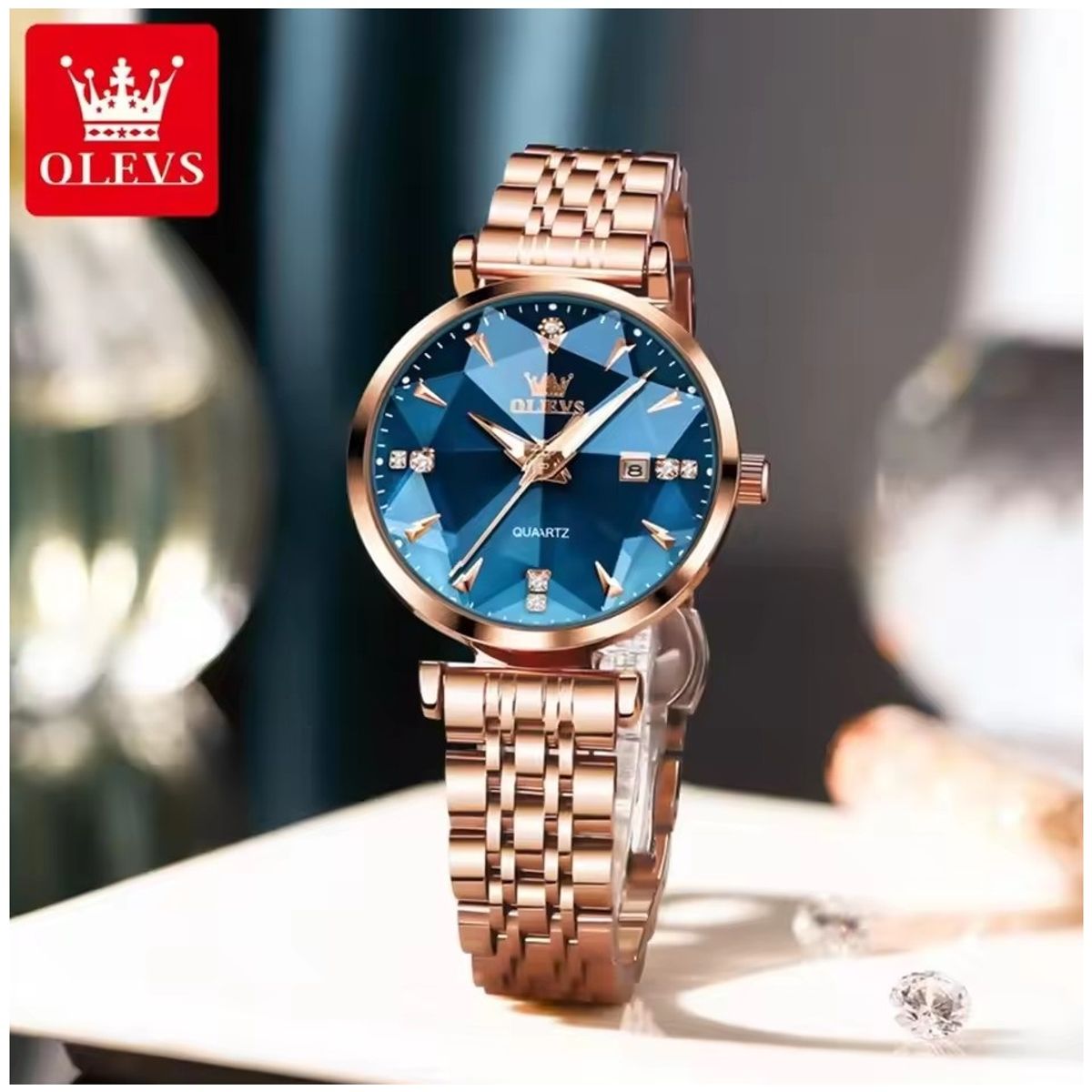 GENERICO - Reloj Lujo para Mujer con Esfera Azul Facetada Cristales decorativos