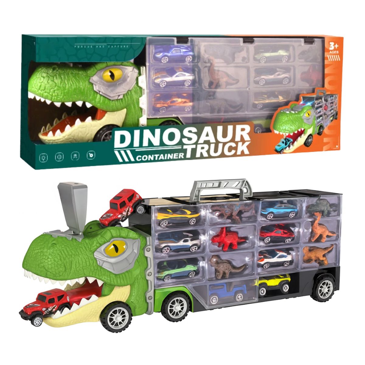 FLIPEREX - Camion Transportador Porta Autitos y Dinosaurios Juguete