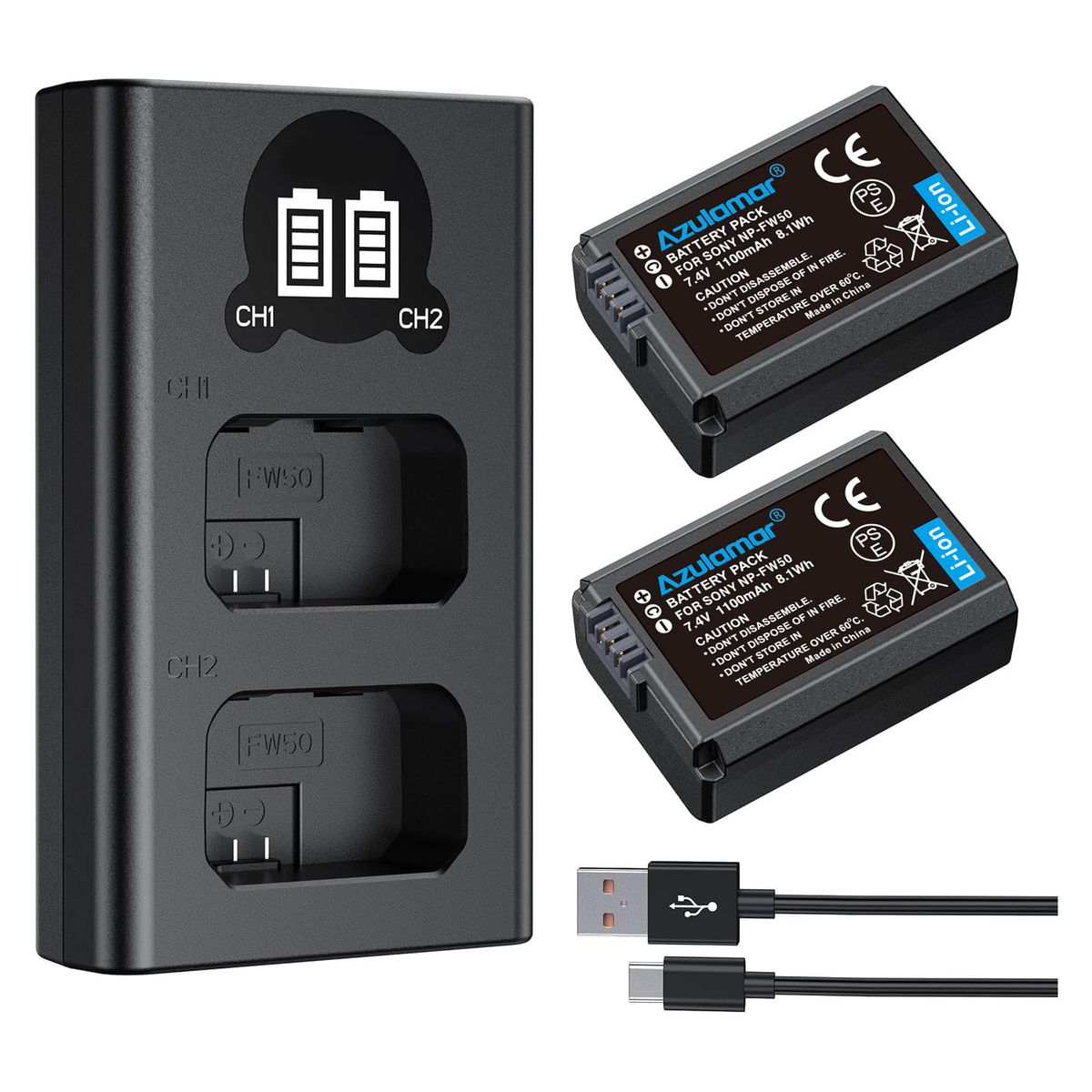 AZULAMAR - Np-fw50 2x Batería Y Cargador Para Sony A7 II Zv-e10 A6500 A6300 RX10