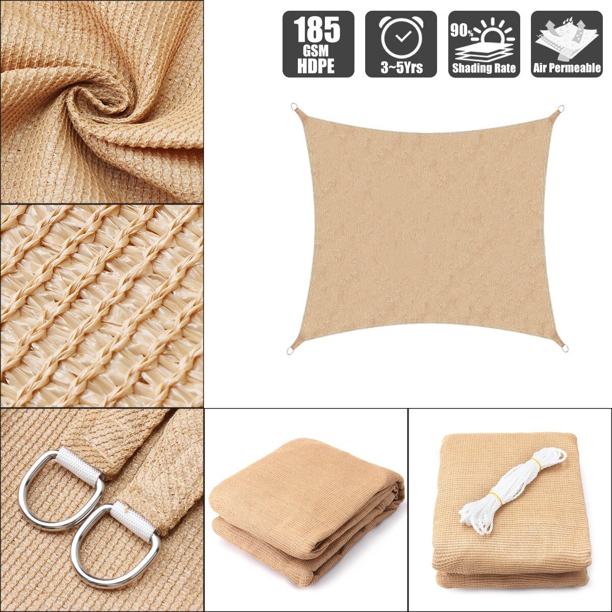 GENERICO - Lona Toldo Vela Sombra 4x4m Malla Hpde Anti Uv Cuadrado