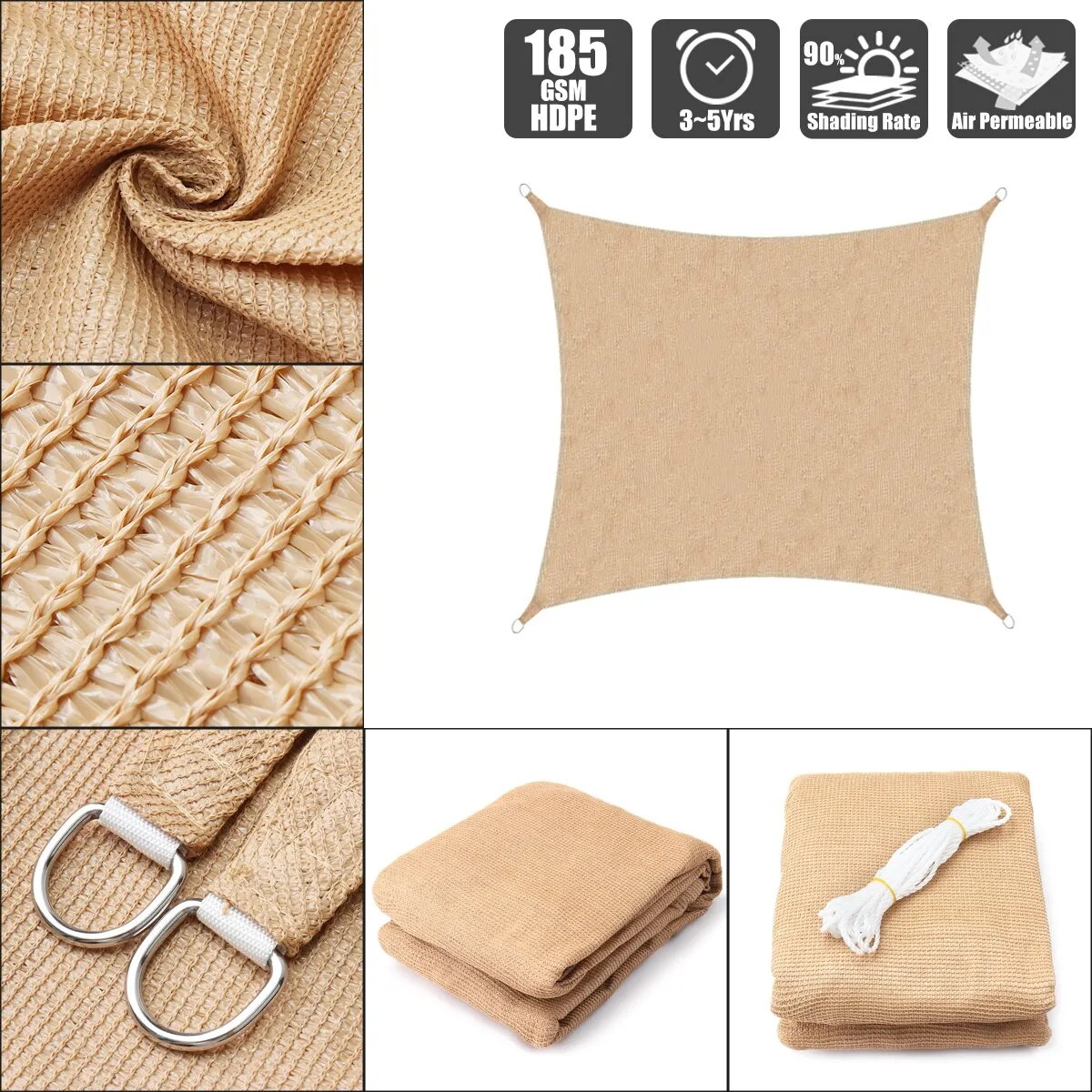 GENERICO - Lona Toldo Vela Sombra 3x2m Malla Hpde Anti Uv Rectangular