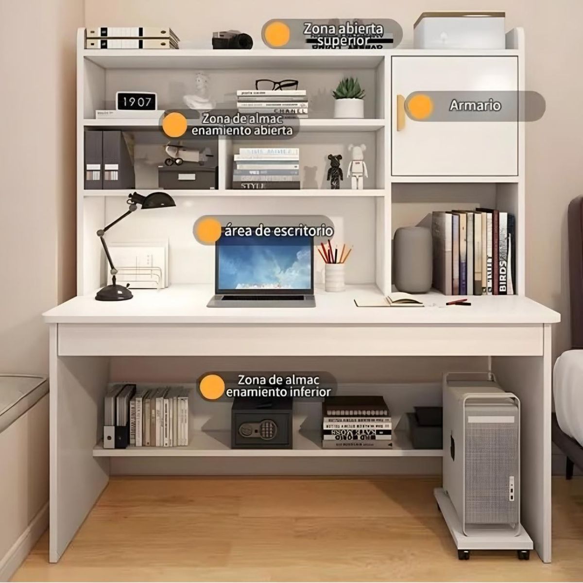 ACTUAL - Escritorio con Estantería Superior y Amplio Almacenamiento  120x45x156