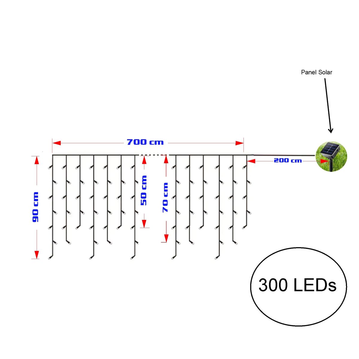 GENERICO - Luces Cascada Navideñas Solar 300 Led 7 Mts Guirnalda Solar Multicolor