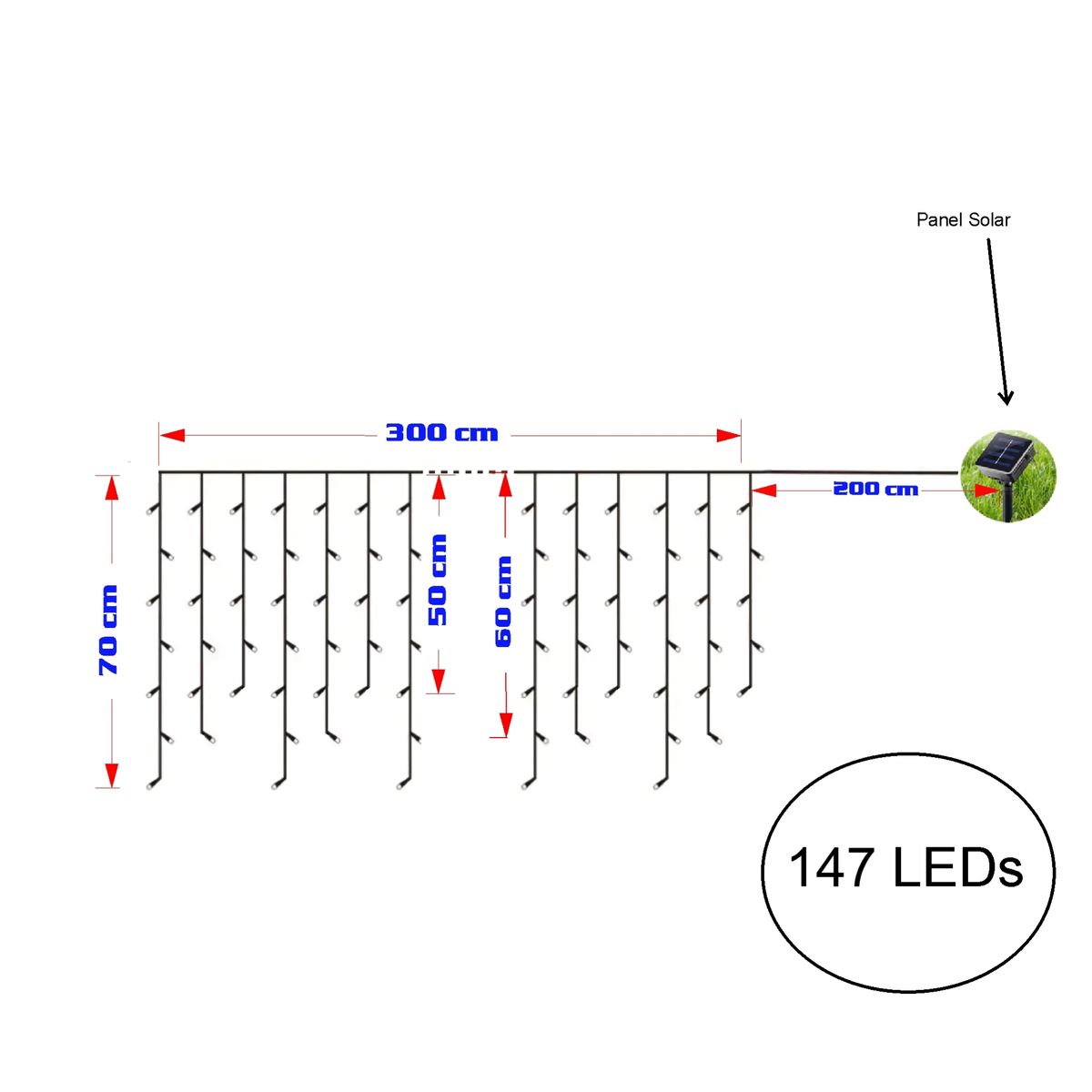 GENERICO - Luces Cascada Navideñas Solar 147 Led 3 Mts Guirnalda Solar Blanco