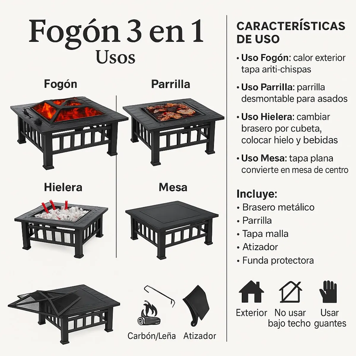 SPACE HOME - parrillera brasero 3 en 1 carbon o leña jardin