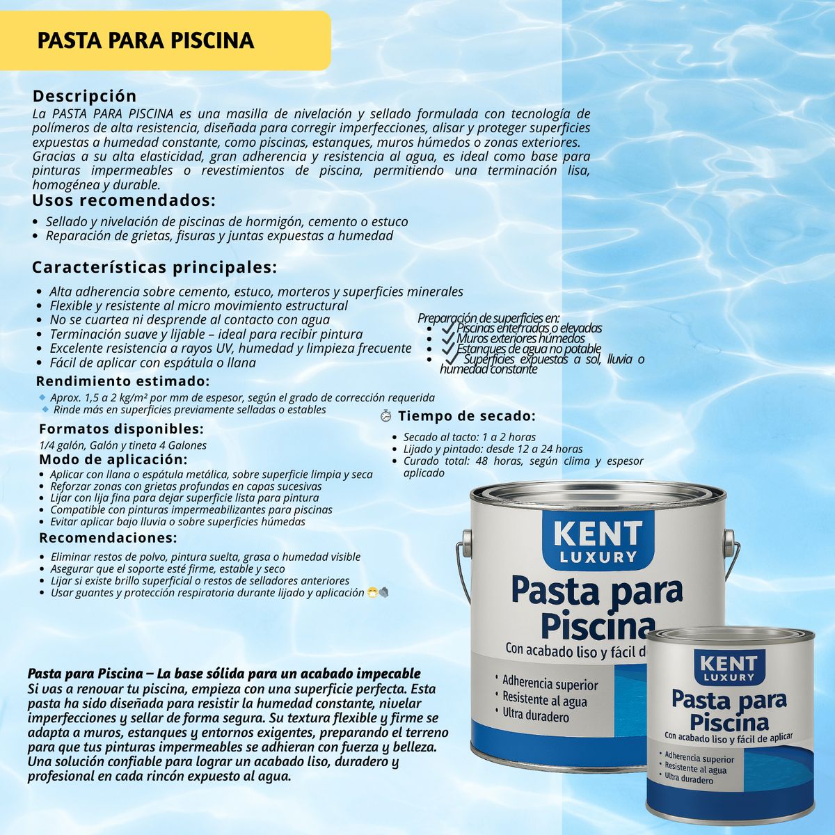 KENT - Pasta Piscinas nivela - cubre 1/4 GALÓN 1.6 KILOS