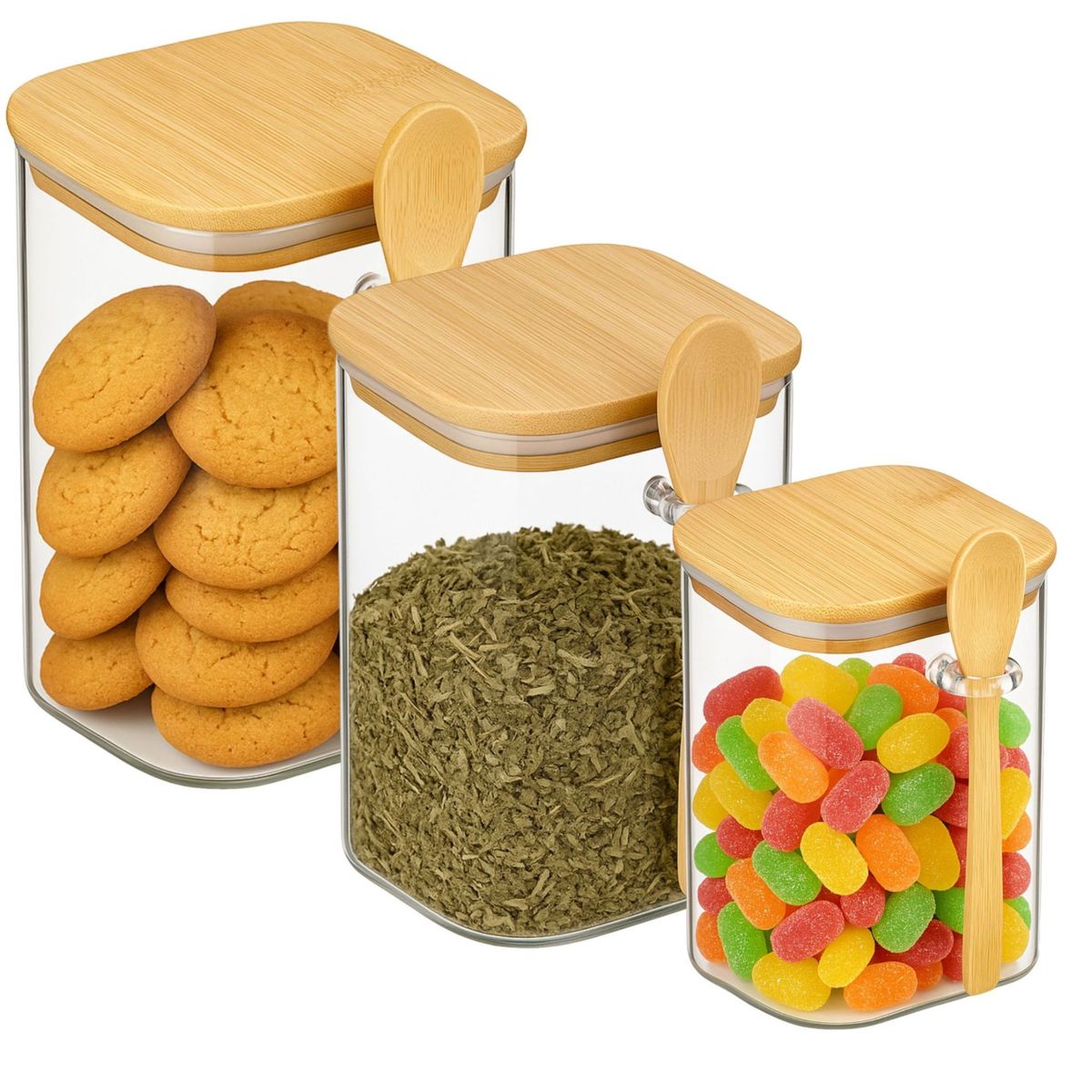 GENERICO - Set 3 Frascos De Vidrio Hermeticos Tapa Bambú + Cucharita