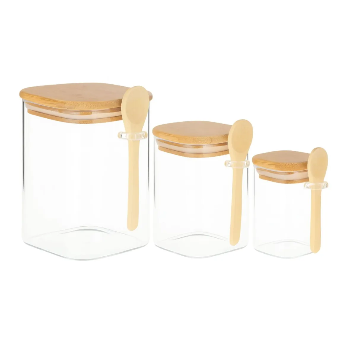 GENERICO - Set 3 Frascos De Vidrio Hermeticos Tapa Bambú + Cucharita