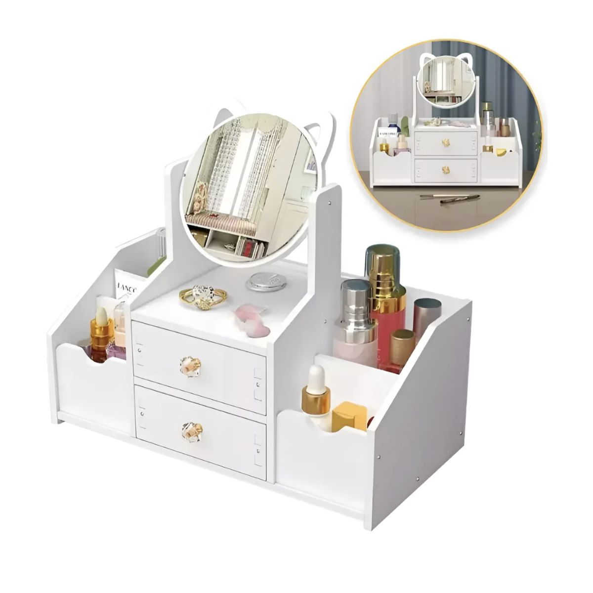 GENERICO - Organizador De Maquillaje Con Espejo Orejitas Y Cajones Tipo Tocador