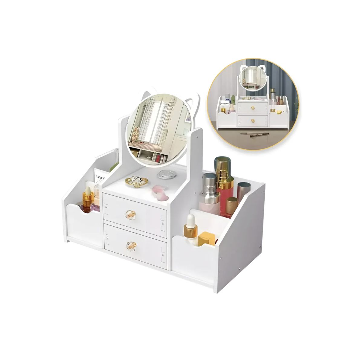 GENERICO - Organizador De Maquillaje Con Espejo Orejitas Y Cajones Tipo Tocador