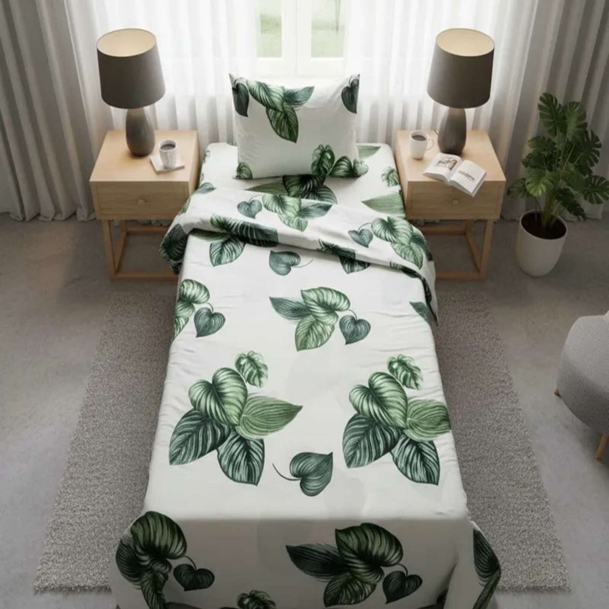 GENERICO - Juego de Sábanas plaza y media Adulto hojas verdes