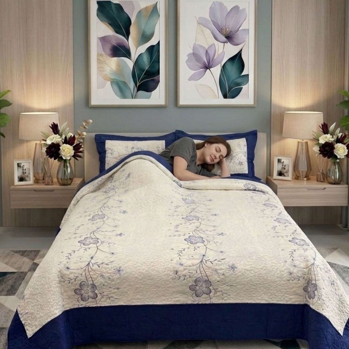 GENERICO - Cubrecama Quilt Bordado Plaza y Media mas Fundas de Almohadas Estilo Botánico