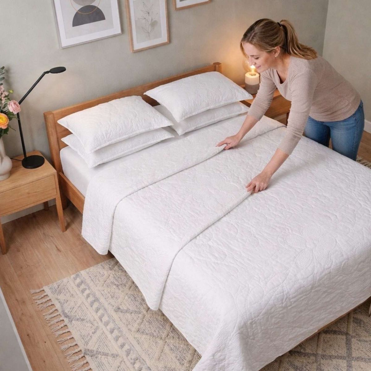 GENERICO - Cubrecama Quilt Bordado 2 Plazas mas Fundas de Almohadas Estilo Botánico